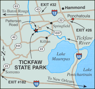 Tickfaw State Park is located in Livingston Parish, Louisiana, about an hour from Baton Rouge and New Orleans.